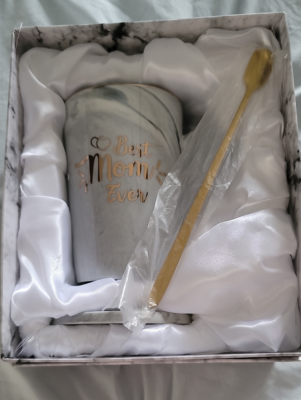 Ceramic Mug Gift Set with Gold Spoon - White Marble Accent